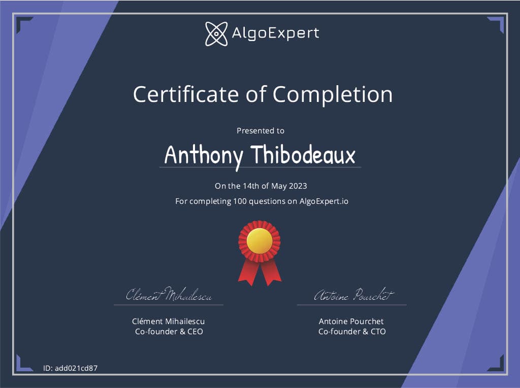 Certificate for completing 100 of the top tech interview algorithms