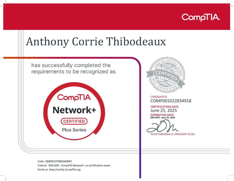 Certificate for completing CompTIA Network+