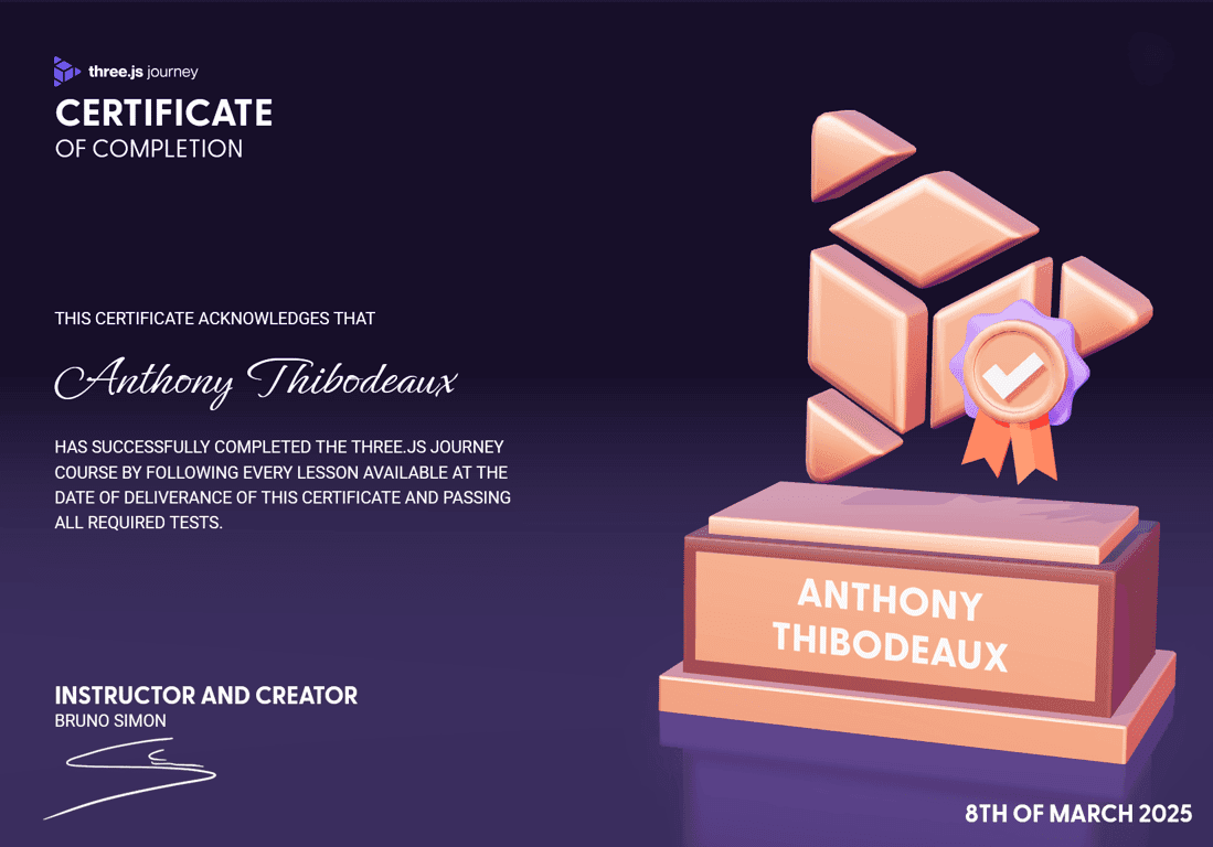 Certificate for completing Three.js Journey
